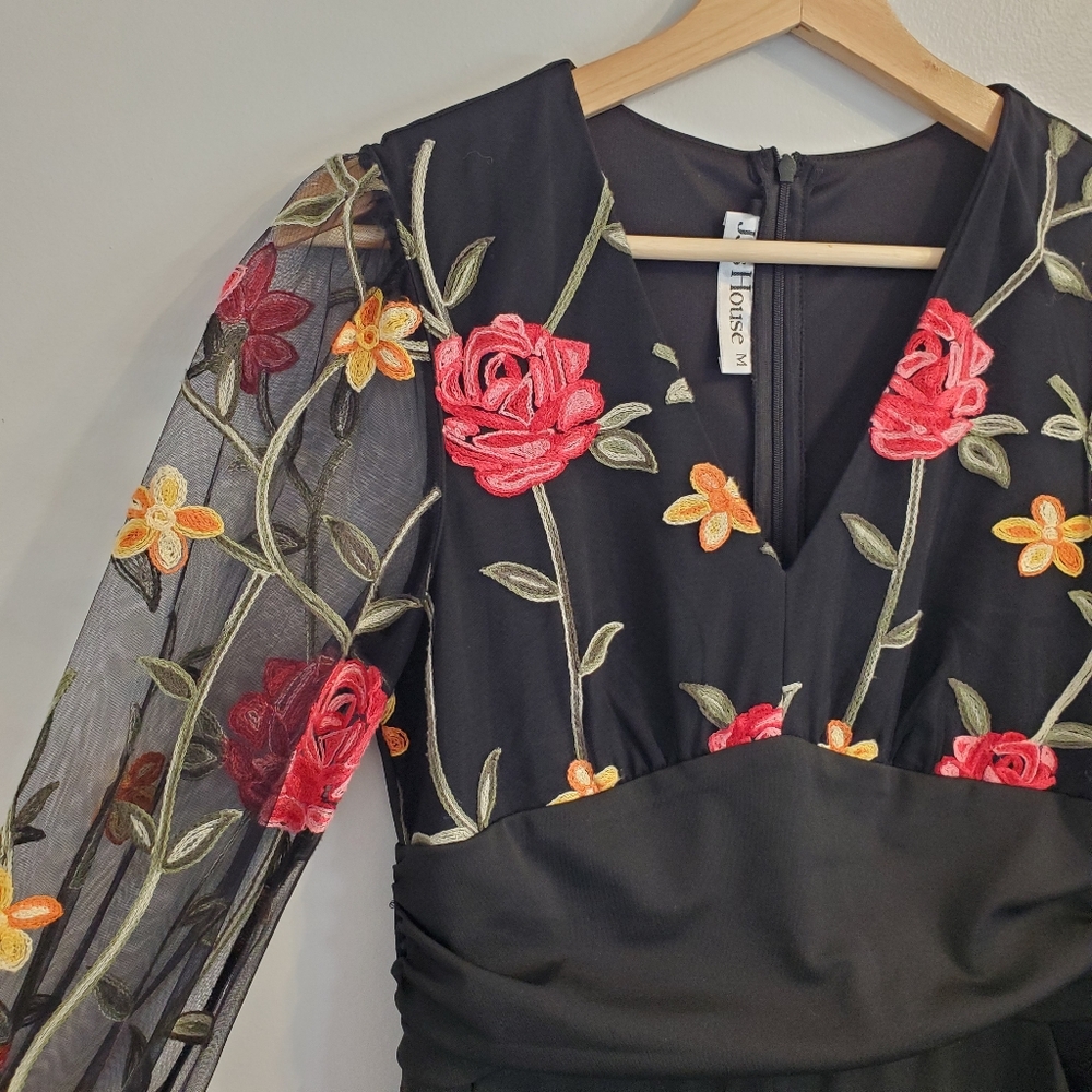 JJ's House Medium Wide Leg pantsuit Formal Jumper Floral Longsleve Black Sheer
